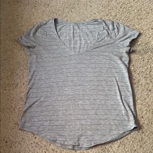 Lululemon V-neck Love t-shirt. Light gray with green stripes. Size 6. Like new.